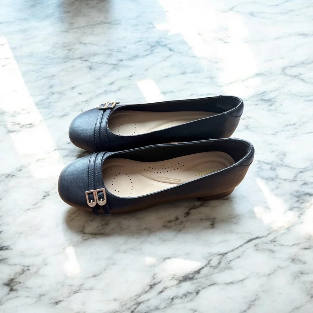 Clarks Women's Navy Loafers with Buckle Detail - Picture 2 of 4